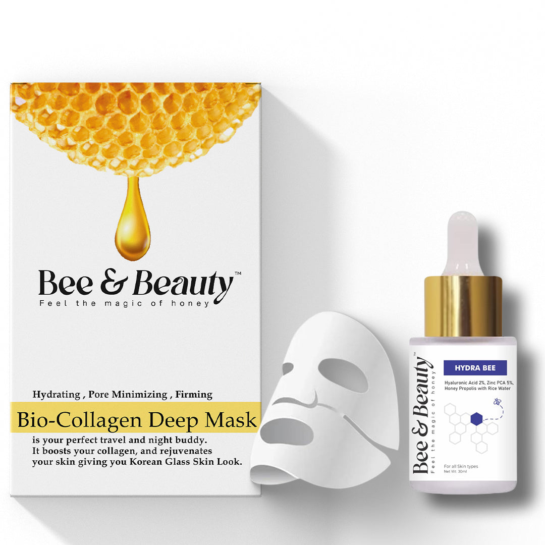 "Bio-collagen deep mask and Hydra Bee serum for intense hydration and skin renewal."