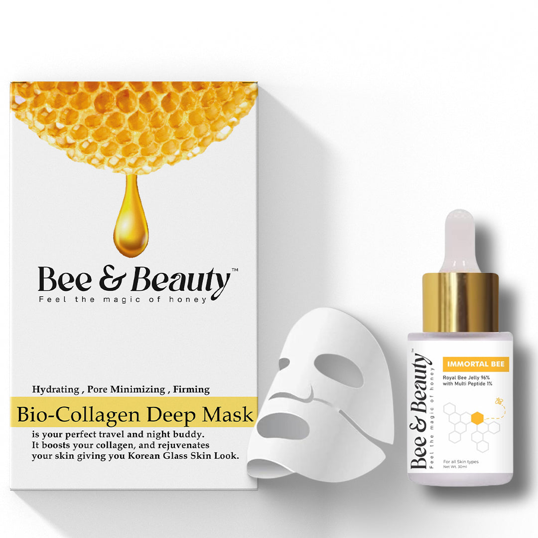 "Bio-collagen deep mask and Immortal Bee serum for intense hydration, anti-aging benefits, and glowing complexion."